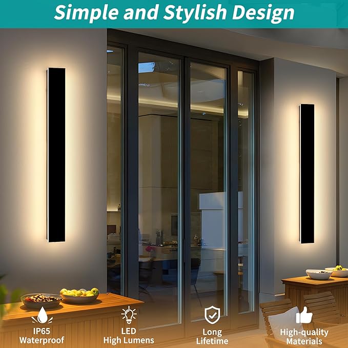 Mikeru 2 Pack 31.4inch Modern Outdoor Wall Sconce, 3000K/4500K/6000K 3 Color Temperature LED Exterior Light Fixtures, Modern Long Porch Lights Wall Sconce for Garage, Doorway, Porch, Patio