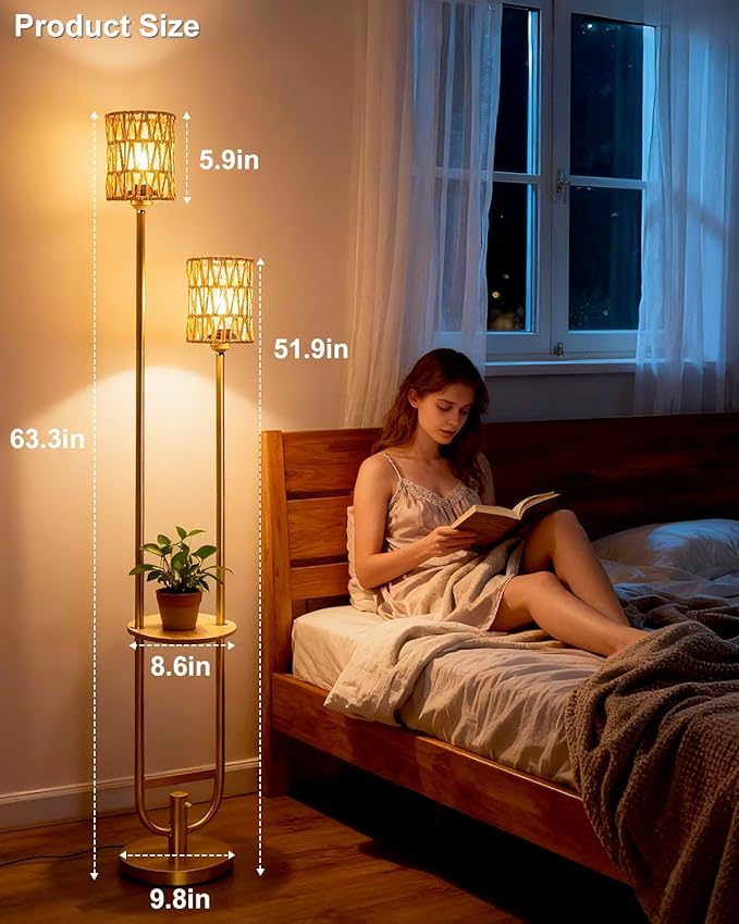 Lightdot 63IN Gold Floor Lamp with Table& Rattan Shades Mid Century Standing Lamps with Warm White Bulbs Included, Unique Vintage Tall Floor Lamp for Living Room/Wedding/Party/Sofa Beside/Corner Decor