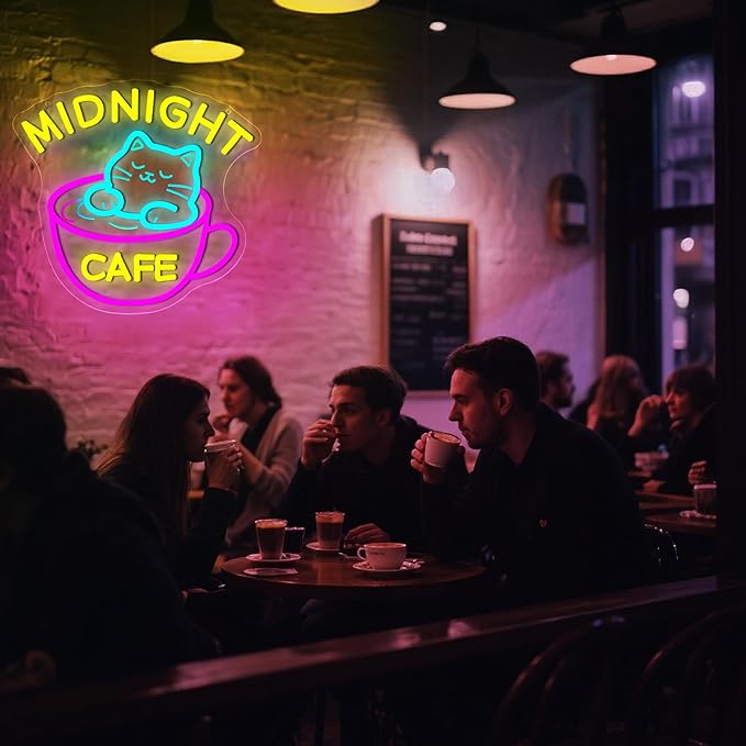 Midnight Coffee Cat Neon Sign for Wall Decor Dimmable Cafe LED Light Sign for Business Coffee Bar Decor Cute Cat Cafe Signs for Shop Bar Kitchen Home USB Powered Light Up Sign Size 13 * 12.6in(P088)