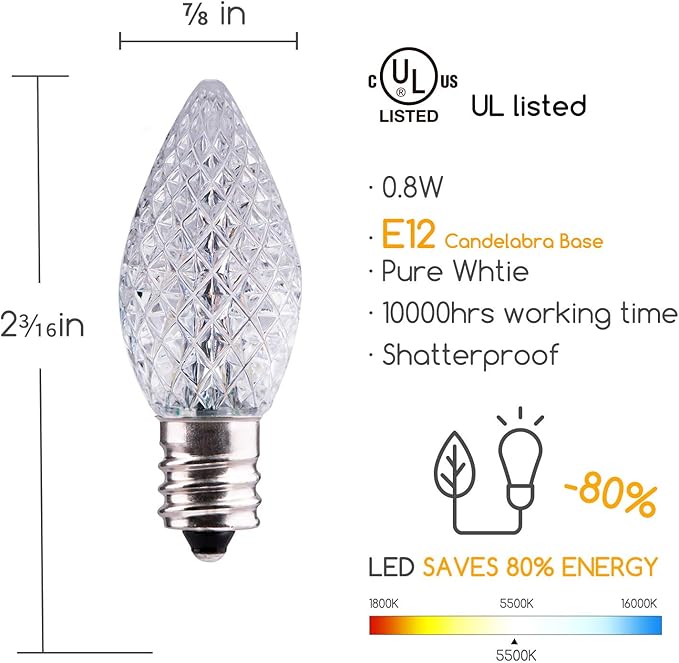 Minetom 50 Pack C7 Led Replacement Light Bulb, C7 Shatterproof Christmas Led Bulbs for Christmas String Lights, E12 Candelabra Base, Commercial Grade Dimmable Holiday Bulbs, White