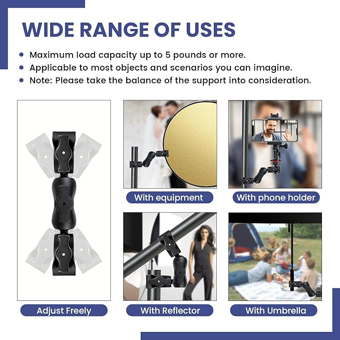 Double Ball Head Camera Clamp - Adjustable Mounting Bracket with Pliers-Style Grips for Photo Studio Equipment, Light Stands, Reflectors, Monitors, and Golf Cart Crossbars（6-9inch）