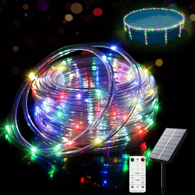 4 + 65.6ft Solar LED Pool Lights for Above Ground Pools – Waterproof 200 LEDs with Remote, 8 Color Modes – Outdoor String Lights for Frame Pools, Trampoline & Above Ground Pool Accessories