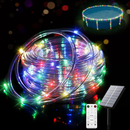4 + 55.7ft Solar LED Pool Lights for Above Ground Pools – Waterproof 200 LEDs with Remote, 8 Color Modes – Outdoor String Lights for Frame Pools, Trampoline & Above Ground Pool Accessories