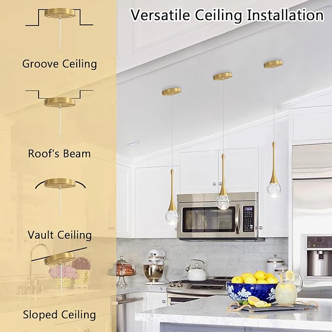 Modern Pendant Lights for Kitchen Island LED Dimmable Crystal Glam Ceiling Pendant Lighting for Dining Room Hallway Bedroom Corner Lamp Antique Gold