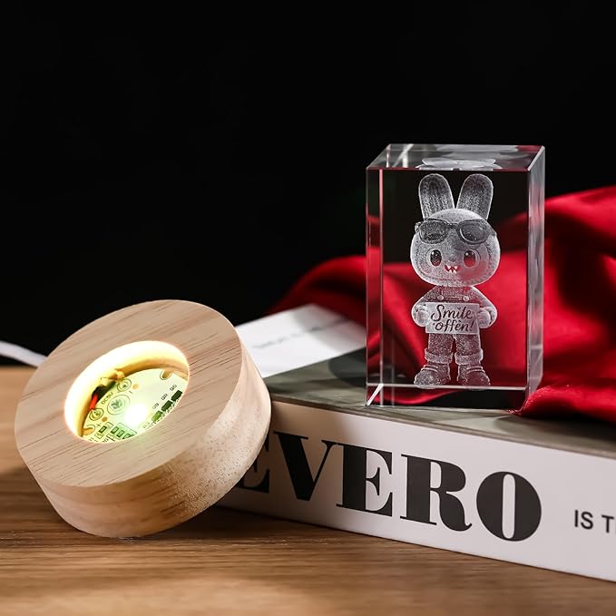 Crystal Ball Night Light, 3D Easter Bunny Crystal Ball Decor, Laser Engraved Glass Sphere with Wooden Base, USB LED Night Light for Bedroom Desk