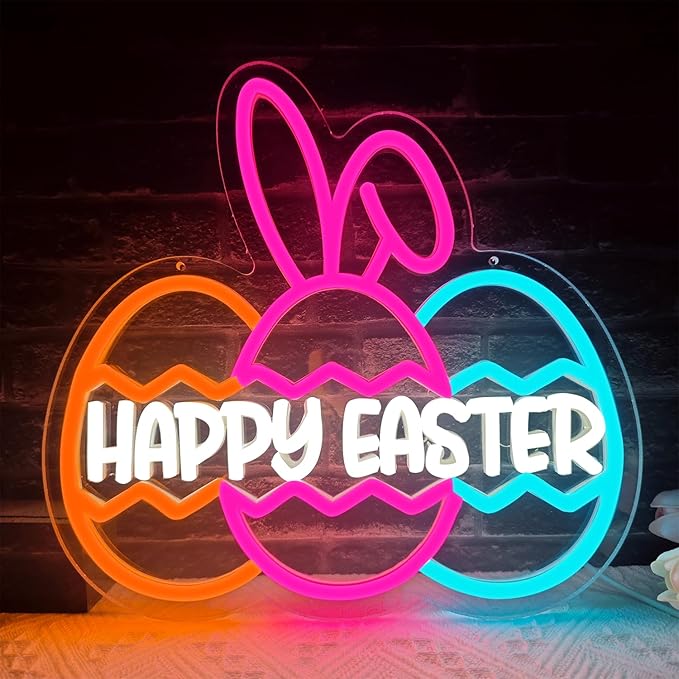Happy Easter Neon Sign for Wall Decor Three Easter Egg Led Sign Bunny Neon Light Up Sign for Neon Wall Art Party Home Room Decor Gift for Kids