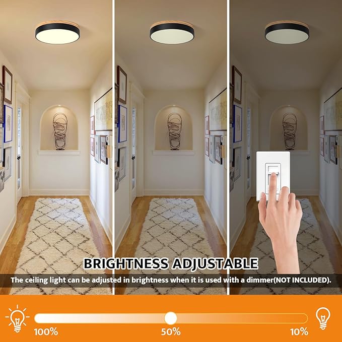 Dimmable Wood LED Flush Mount Ceiling Light, 5CCT 2700K-6000K Modern Black Close to Ceiling Lighting Fixtures, Minimalist Round Ceiling Lamp for Bedroom, Kitchen, Hallway, Laundry Room