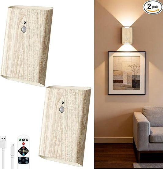 Battery Powered Wall Sconce Set of 2: 5000mAh Rechargeable Motion Sensor Wall Light with Remote, 3 Colors Wireless Sconce Magnetic Motion Sensor Night Light Indoor for Bedroom Hallway Stair, Beech