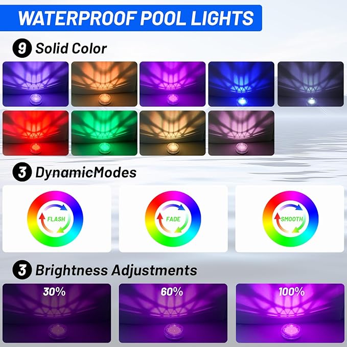 Pool Lights-2pcs,Solar Rechargeable Floating,Pool Lights That Float with Remote Control, Modes 9 Lighting Timing Mode IP67 Waterproof for Inground Pool, Bathroom, Bathtub, Pool Party