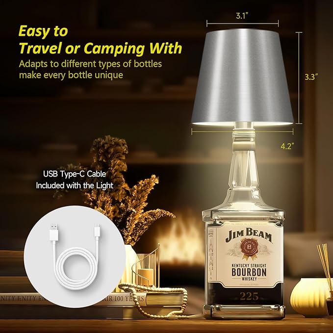 2025 New Wireless Bottle Lamp - LED Bottle Lights for Liquor & Wine Bottles, Cordless Lampshade, Whiskey Bottle Top Light, Bottle Stopper Night Light Kit, Rechargeable 3-Tone Touch-Dimmable