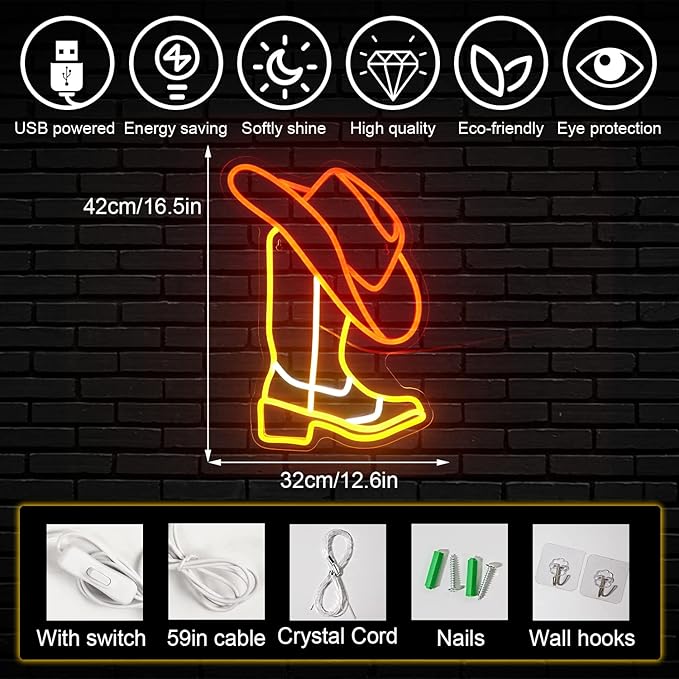 Horseneon Cowboy Neon Signs, Cowboy Hat Neon Lights Signs, Western Cowboy Neon Light, Cowboy Boot Led Sign with USB Powered for Cowboy Farm, Wall Hanging Decor