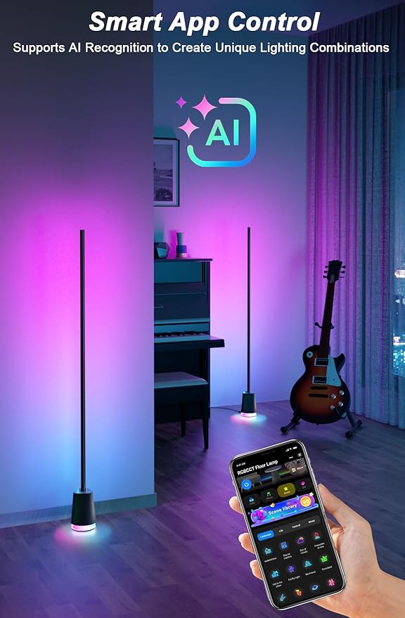 Smart LED Floor Lamp with Speaker & White Noise, RGBWWIC Standing Corner Lamp Work with Alexa Google Assistant, Music Sync, App Control,AI Recognition DIY Ambient Lighting for Bedroom Living Game Room