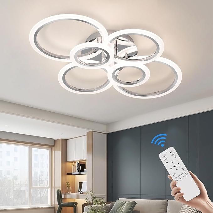 Modern LED Ceiling Light Fixture, 6 Rings Dimmable Flush Mount Ceiling Light with Remote, Acrylic Close to Ceiling Lighting Fixture for Low Ceiling Living Room Bedroom Kitchen (6 Heads)