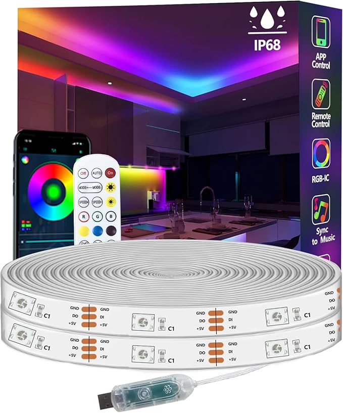 32.8FT Ws2812 RGB+IC LED Strip Lights IP68 Outdoor Waterproof, 5V USB Powered, Music Sync Bluetooth APP/RF Remote Control Lights for Balcony,Deck,Camping,Garden,Bedroom Decor