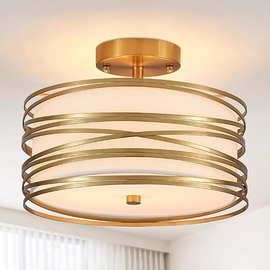 Drum Semi Flush Mount Ceiling Light Fixture Vintage 12.2“ Modern Farmhouse 2-Lights Linen Drum Ceiling Lighting Rustic Golden Ceiling lamp for Dining Room, Bedroom, Laundry Room, Basement