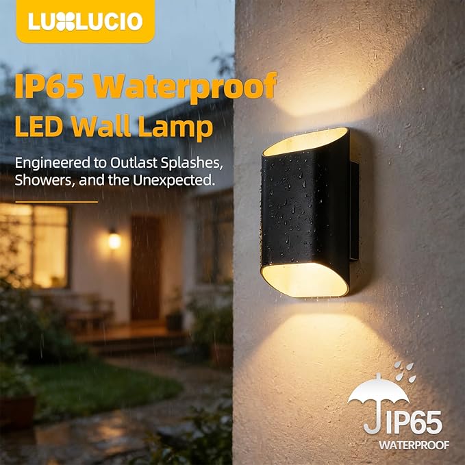 2 Pack Black & Gold Up & Down Wall Sconce Lamp 5%-100% Dimmable, Modern Indoor/Outdoor Porch Light, IP65 Waterproof, 120V, 1200LM, 12W, 2700K-5000K Selectable, CRI90+, ETL FCC Certified