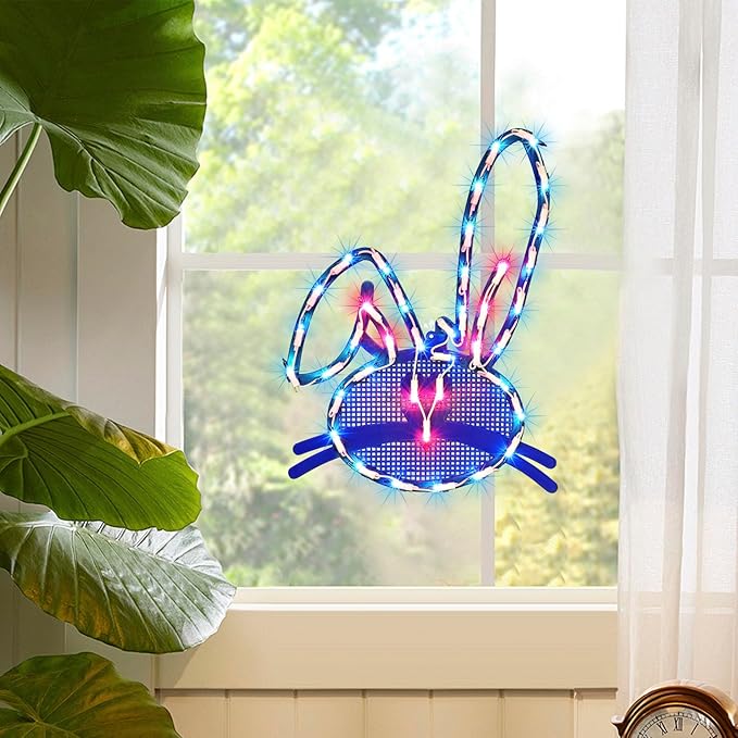 LAMPHOME 17" Lighted Blue Easter Bunny Head Window Silhouette