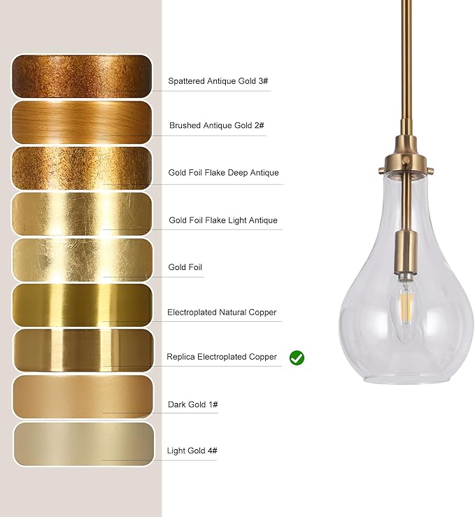 KSANA Gold Pendant Light, Modern Brass Hanging Light Fixture with Clear Glass Teardrop Shade, Adjustable Ceiling Light for Kitchen Island, Dining Room, Foyer, or Bedroom