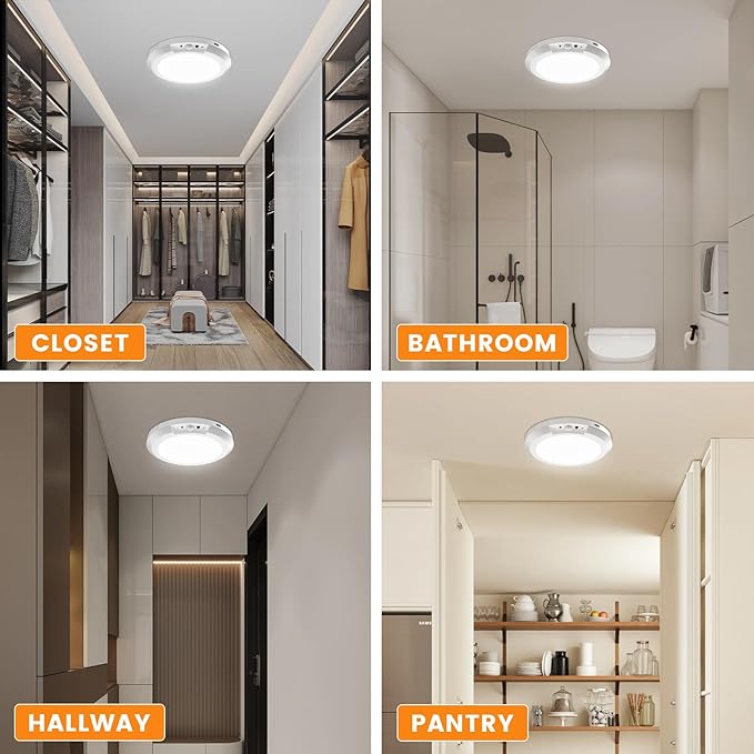 Motion Sensor Ceiling Light,Cordless Closet Light Battery Operated,3 Color Temperatures,Remote Control,Rechargeable Magnetic Mount LED Shower Lights for pantry,Stairs,Garage,Hallway (White 4 pack)
