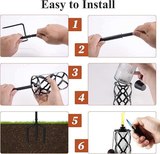 6 Pack Glass Citronella Torches, 16 oz Garden Torch for Outside, 55 inch Outdoor Clear Glass Citronella Torches with 3-Prong Grounded Stake for Garden, Patio, Party, Landscape Decor