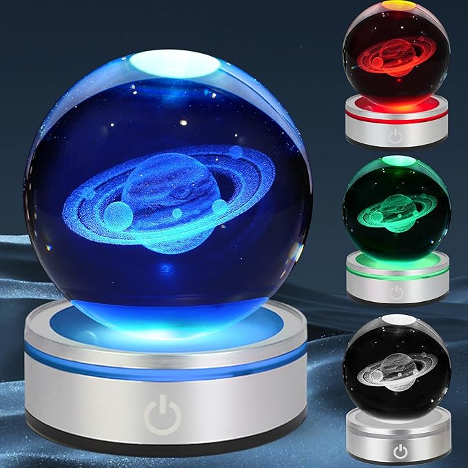 3D Saturn Crystal Ball Night Light with LED Colorful Lighting Touch Base 3.15 In Saturn Planet Glass Sphere Lamp for Birthday Christmas, Astronomy Space Universe Home Decor Gifts for Women Men Kids