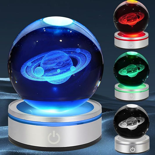 3D Saturn Crystal Ball Night Light with LED Colorful Lighting Touch Base 3.15 In Saturn Planet Glass Sphere Lamp for Birthday Christmas, Astronomy Space Universe Home Decor Gifts for Women Men Kids