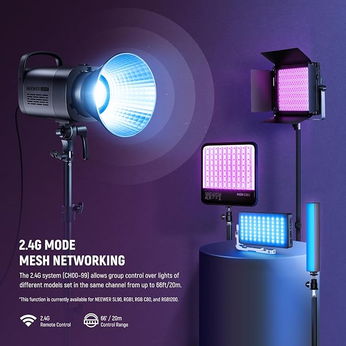 NEEWER CB100C 130w RGB LED Video Light, APP/2.4G Control 360° Full Color 2700K-6500K 27000lux/m COB Bowens Mount Silent Continuous Output Lighting TLCI/CRI97+ 17 Scenes for Video Recording Photography