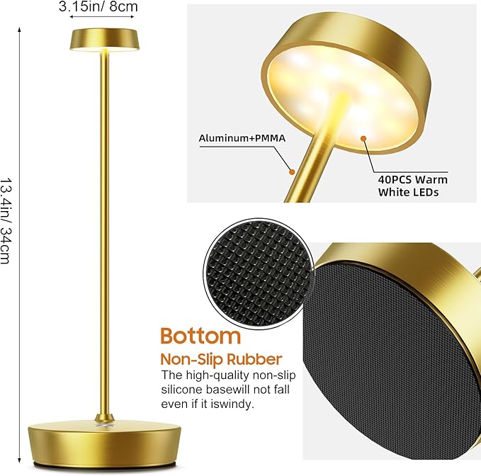 Cordless LED Table Lamp，Rechargeable Battery Desk Lamps, 3 Color Stepless Dimmable Metal Battery Table Lamps, Portable Waterproof Table Light for Indoor/Outdoor/Restaurant (2Pack Brass)