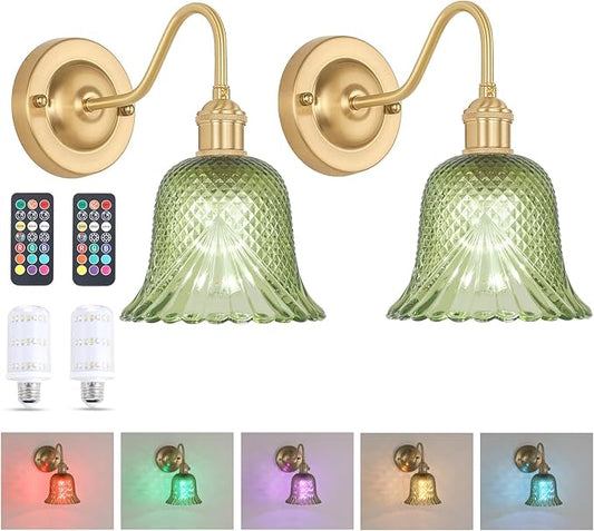 Battery Operated Wall Sconce Set of 2, Vintage Rechargeable Wall Lights with Green Diamond Flower Glass Shade, Wireless Indoor Wall Lamp with Remote for Bedroom Living Room Bathroom
