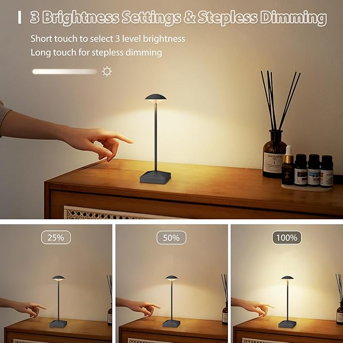3 Pack 8.26in Black Small Cordless Table Lamps Rechargeable, Battery Operated Mini Lamp, Small Lamp Touch Portable Table Lights, LED Night Light for Bedside/Dining/Bar/Outdoor (Blcak-B)