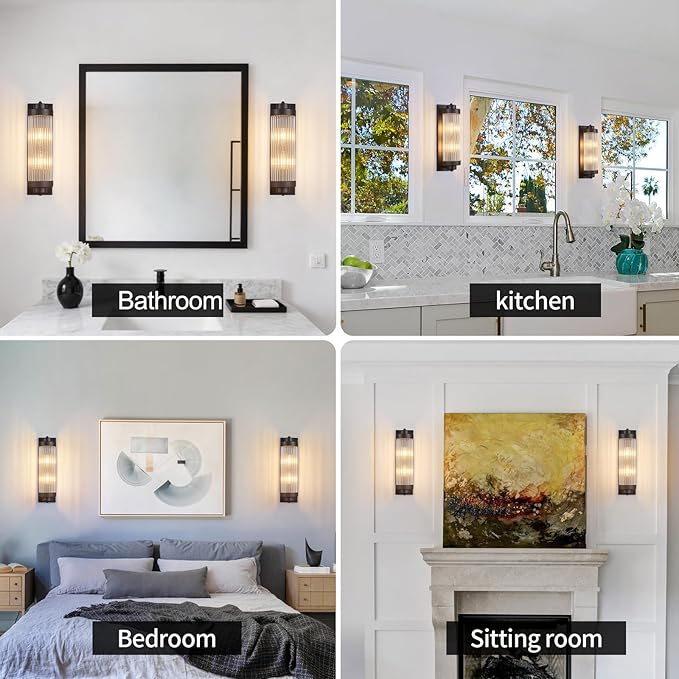 Black Wall Sconces with Crystal Glass Strip Bathroom Sconces Modern Wall Lights for Bedroom Living Room Hallway Wall Light Fixtures, 2 Light E12 Base