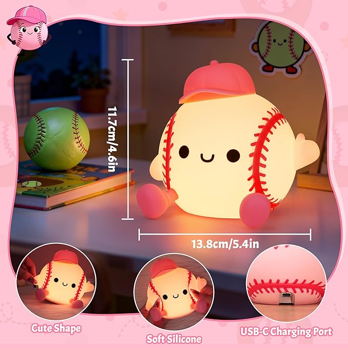 Softball Night Light, Cute Softball Gifts for Girls, Dimmable Rechargeable Silicone Touch Bedside Lamp for Girls Daughter Room Dorm Softball Fan Sporty Decor