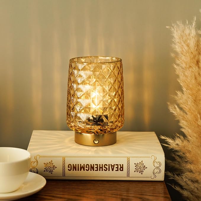 MJ PREMIER Cordless Rechargeable Table Lamp, Dimmable Portable Night Light with Diamond Facet Design, 1800mAh Battery Operated Lamp for Bedside Patio Outdoor Home Decor Emergency Gift for Women Yellow
