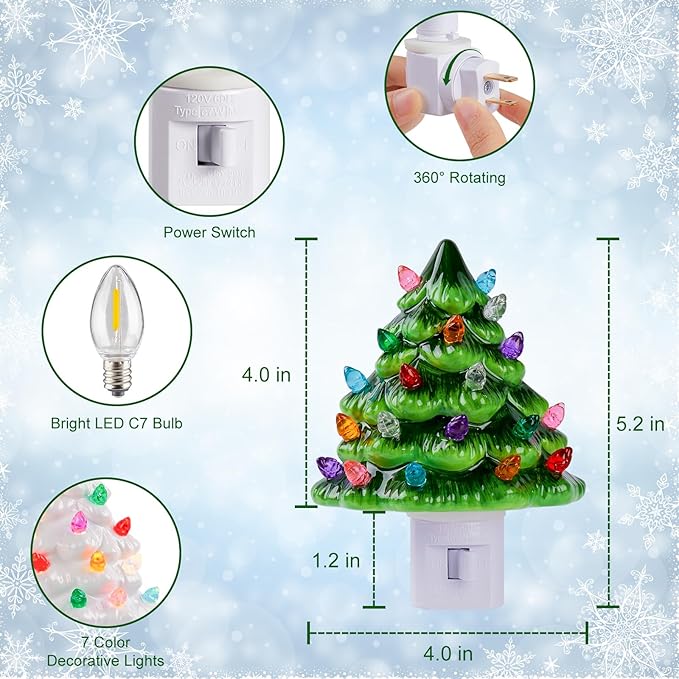 Brightown Ceramic Christmas Tree Night Light - 2 Pack Vintage Christmas Night Light with ON/Off Switch, 5.2" Decorative Ceramic Tree Light for Bedroom Bathroom Living Room Porch Xmas Holiday Decor