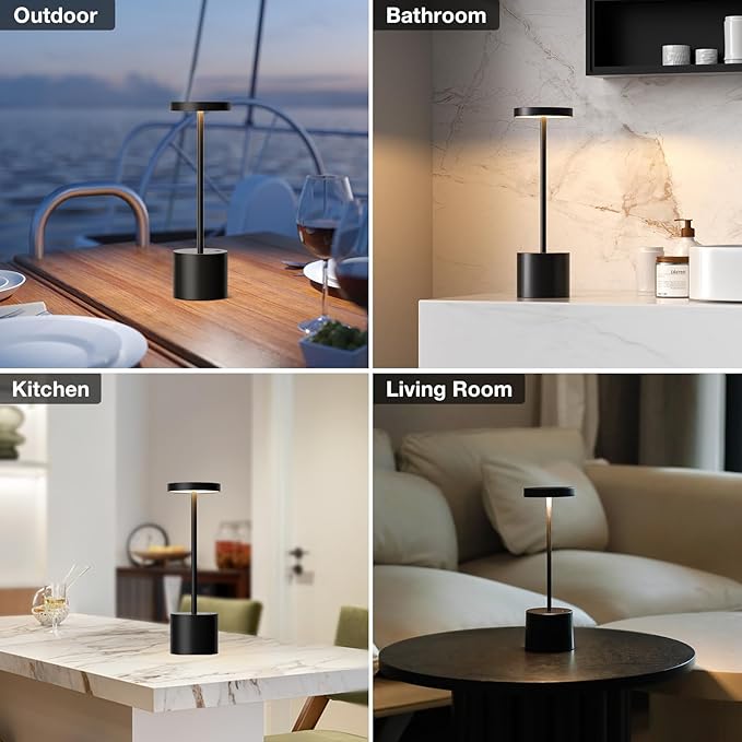 Black Cordless Table Lamp, 4000mAh Rechargeable Battery Powered Lamps, 3 Color Stepless Dimming, LED Wireless Outdoor Lamps for Dining Room, Bedroom, Bar, Cafe, Restaurant, Patio, Camping, Set of 2