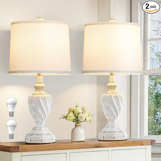 22.4" Farmhouse Table Lamps for Bedrooms Set of 2, Rustic Resin End Table Lamps for Living Room Gold Trim Base, Bedside Nightstand Lamps, Bulbs Included