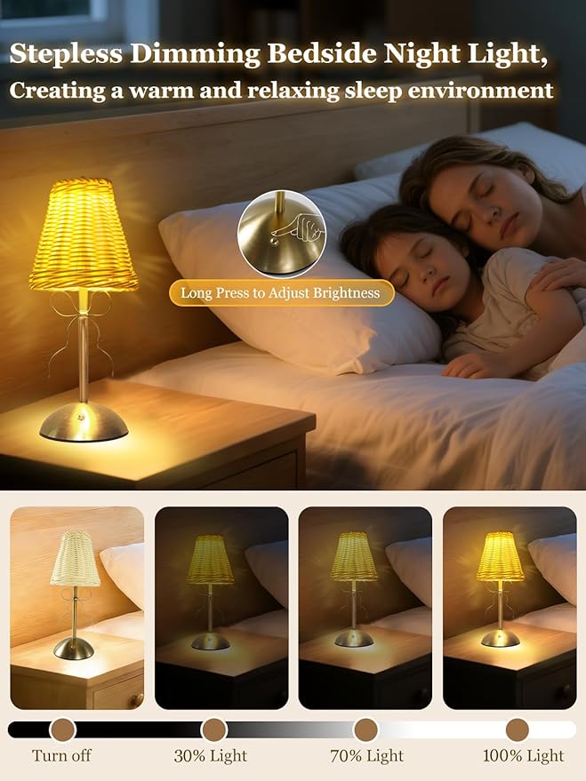 Boho Bow Rattan Table Lamp, Cordless Wicker Woven Vintage Table Lamp - LED Rechargeable Touch Control 3 Color Dimmable Reading Bedside Lamp for Bedroom Living Room Office, Home Outdoor Decor