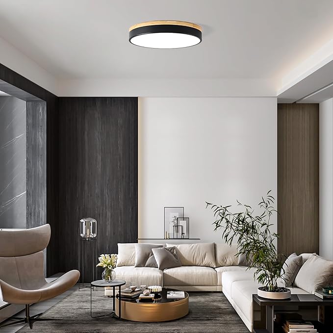 Dimmable Wood LED Ceiling Light, 5CCT 2700K-6000K Modern Black Flush Mount Ceiling Lamp, Minimalist Round Close to Ceiling Lighting Fixture for Living Room, Bedroom, Kitchen, 15.74in