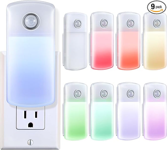Enhon Emergency Power Failure Night Lights, 5-in-1 Multi Color LED Light, Rechargeable Flashlight with Foldable Plug, Automatic On Off Motion Sensor for Bedrooms, Hallways, Black Outs(9 Pack)