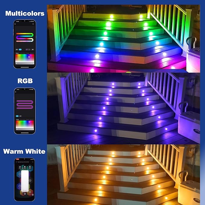 LED Deck Lights Kit Multicolor, 20Pack 1.22" Smart RGBW+IC Recessed Low Voltage Deck Light Work with Alexa/Google Home, IP67 Waterproof 12V Step Lights Outdoor for Garden Yard Path Landscape Decor