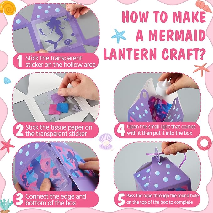 12 Sets Mermaid Lanterns Crafts with LED Candles Mermaid Tissue Paper Crafts Kits DIY Paper Lanterns for Party Decor Activities