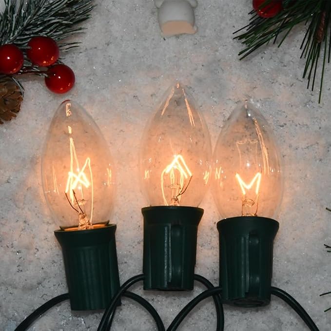 25 Pack C9 Replacement Bulbs Christmas Lights Outdoor, C9 Clear String Lights Repalcement Bulbs Fits in C9/E17 Base, 7W Vintage Christmas Light Bulbs for Indoor Outdoor Home Decorations