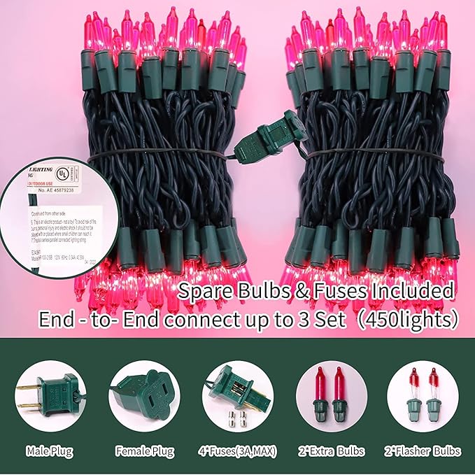 LAMPHOME Pink Lights for Valentines Day Decor, 300light 63.8FT(2pk of 150L) Pink Christmas String Fairy Lights Green Wire Plug in for Bedroom Indoor Outdoor Girl's Room Valentines Decorations