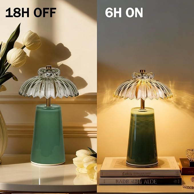 MJ PREMIER Cordless Lamp, Battery Operated Lamp with Timer, Crystal Glass Flower Lampshade, Small Table Lamps, Decorative Led Light for Bedroom Living Room Shelf (L-Green)