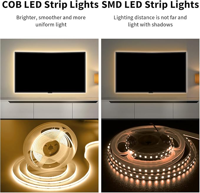 16.4FT/5M COB LED Strip Light, Warm White 3000K LED Tape Lights, Cuttable LED Lights CRI93+ Flexible Dimmable Light Strip for Bedroom TV Backlight Mirror Kitchen Cabinet Decor(with Plug)