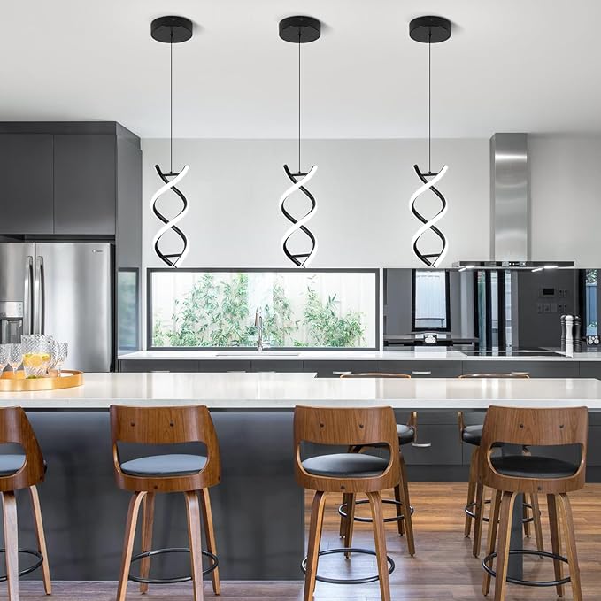CANEOE Spiral Led Pendant Light Fixture,15W 6000K Modern Integrated LED Hanging Lamp, Adjustable Height Black Kitchen Island Light Fixture for Dining Room Bedroom Kitchen Sink, 1 Pack (Black)