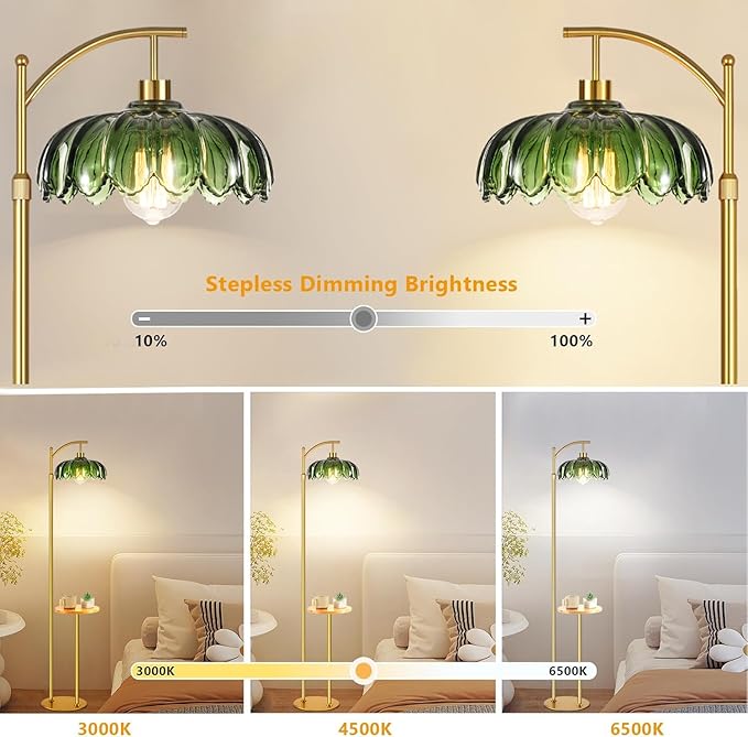Gold Floor Lamp with Table and Shelves for Living Room Bedroom,Glass Standing Lamp with Remote Dimmable,Boho Brass Tall Lamp Vintage Farmhouse Arc Flower Floor Light Bohemian