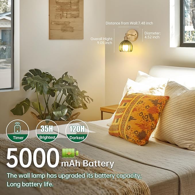 Vintage Battery Operated Wall Sconce with Green Tulip Glass Lampshade 5000 mAh Rechargeable Battery Powered Wall Light with Remote Control for Bedside Bedroom Doorway, Set of 2