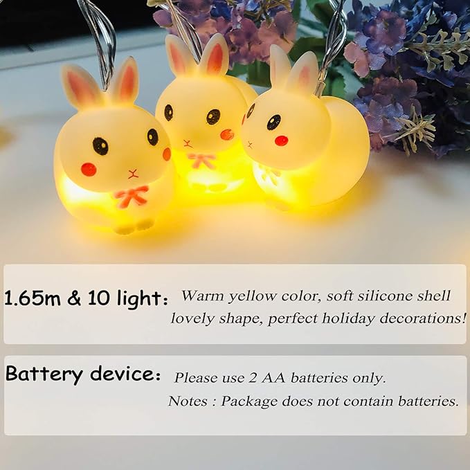 Easter Bunny Decoration Light, Cute Flexible Rabbit String Lights, Battery Operated 1.65M 10 LED Lights for Home Decor, Party, Easter, Birthday, Kid Bedside lamp, Night Light (Warm Light)