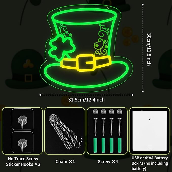 MissAudrey St. Patrick's Day Hat Neon Sign for Wall Decor, Decorations Hat Neon Signs Green Acrylic St. PatrickDay Art Wall Decor, 5V USB Powered Neon Sign Hanging for Window Wall Table Bedroom Man Cave Bar Pub Club Party